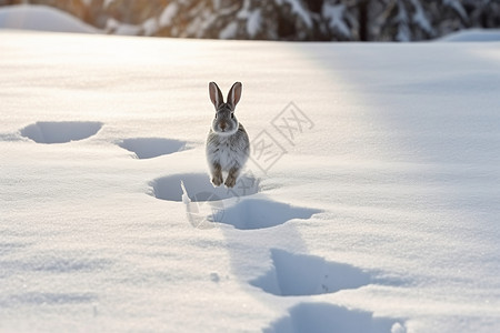跳跃的兔子兔子在雪地背景