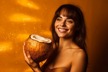 开心拿着椰子的女人图片