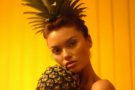 头顶着菠萝叶拍照的人图片