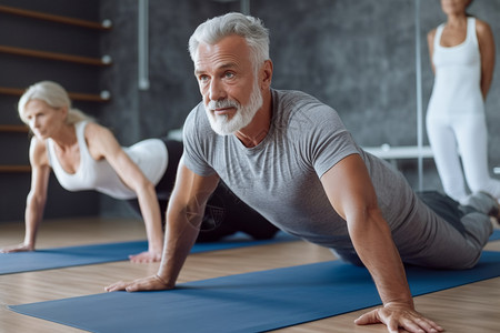 健身房的老年瑜伽锻炼者高清图片