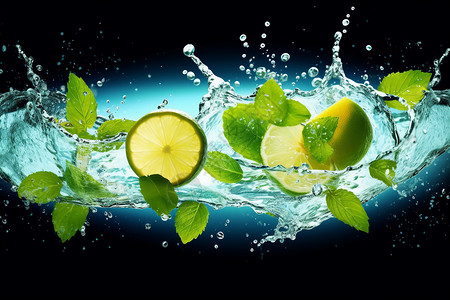 柠檬在水中在水中的柠檬薄荷设计图片