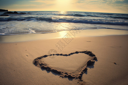 日出下的海滩手写爱心背景图片