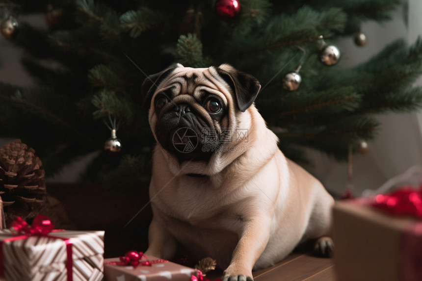 圣诞树下的哈巴狗图片