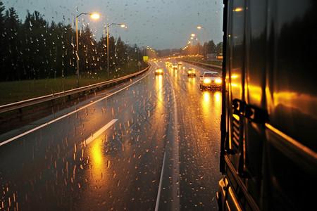 下雨天在路上行驶的车高清图片