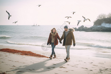 沙滩上牵手的情侣背景图片