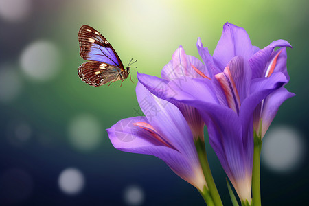 蝴蝶飞向紫色鲜花背景图片