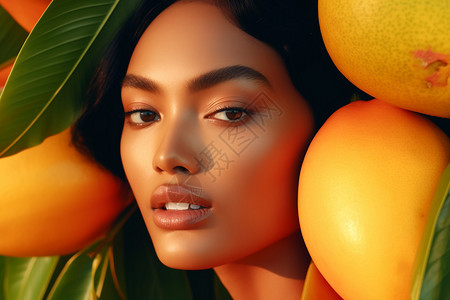 热带芒果压在脸颊图片