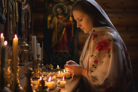 点蜡烛祈祷的外国女子高清图片
