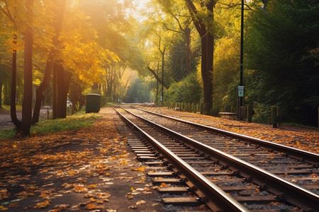 秋天公园中的火车铁轨图片