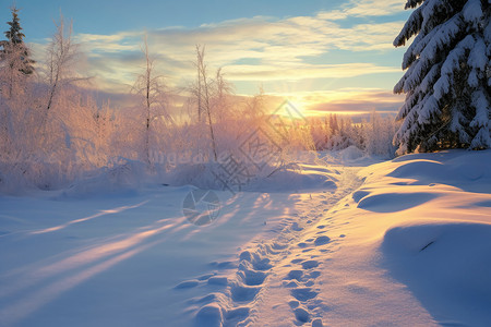 日出时冬季森林的景观图片