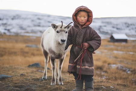 牵羊的游牧民族孩子背景图片