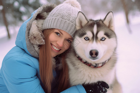 雪地中和狗狗玩耍的女子图片