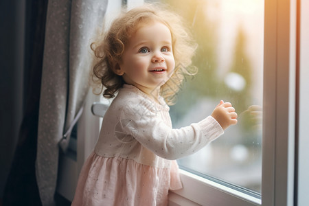 窗边可爱的小女孩背景图片