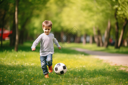 草地上踢足球的小男孩背景图片
