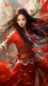 古代武术红色的中国女孩背景图片