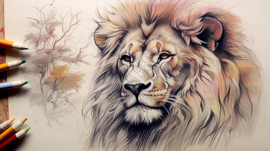 手绘素描的狮子作品背景图片