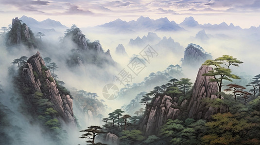 黄山素材黄山风景的水墨画插画