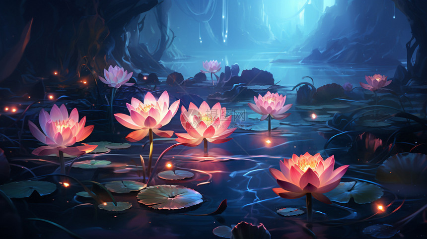池塘中盛开的莲花插图图片