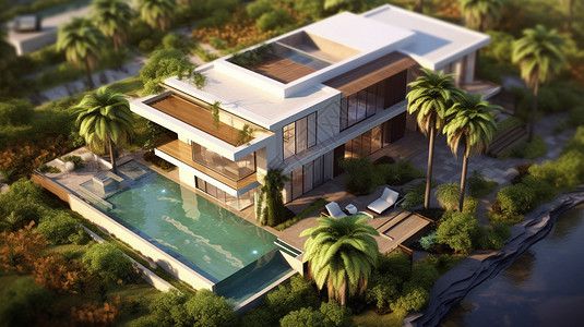 带游泳池的别墅建筑模型图片