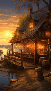 夕阳下的码头夕阳下的露天小酒馆插图插画