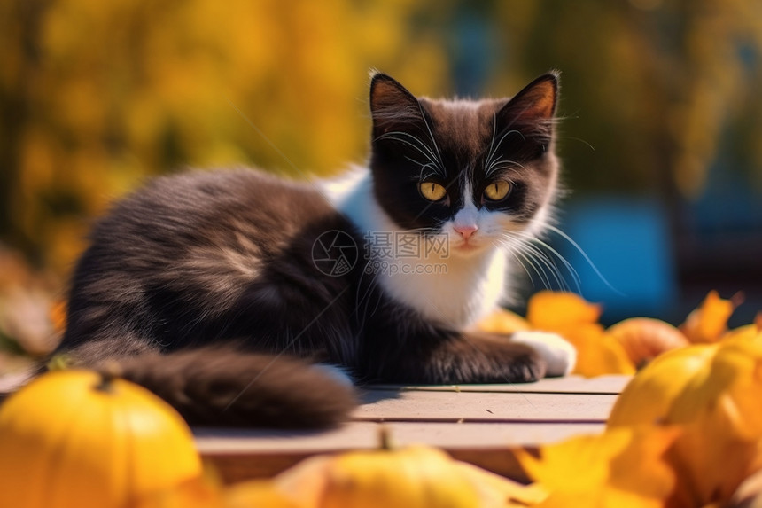 秋天户外木椅上的猫咪图片