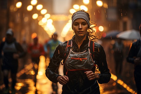 雨中跑步大雨中城市的马拉松跑步背景