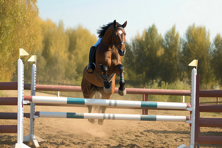 庄园中跨栏的马匹高清图片