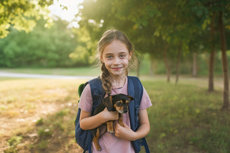 公园中抱狗狗的小女孩图片