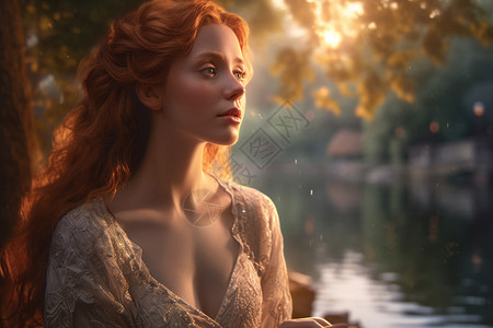 公主插画河边忧伤的欧洲美女背景