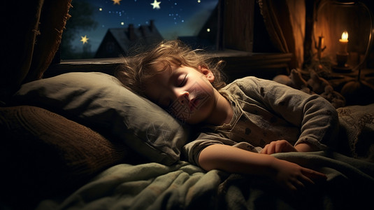 卧室窗边夜晚床上熟睡的小女孩背景