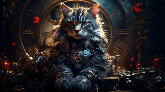 时钟前的猫咪战士背景图片