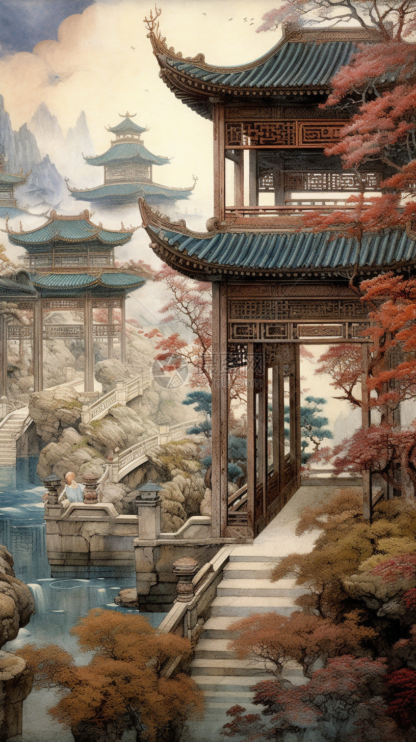 中国庭院的艺术插图图片