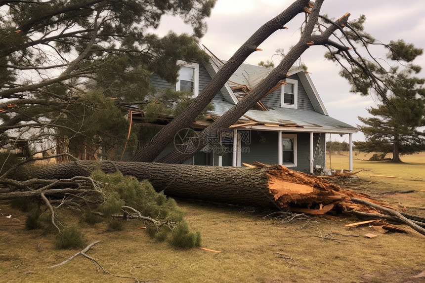 龙卷风损坏的房屋和树木图片