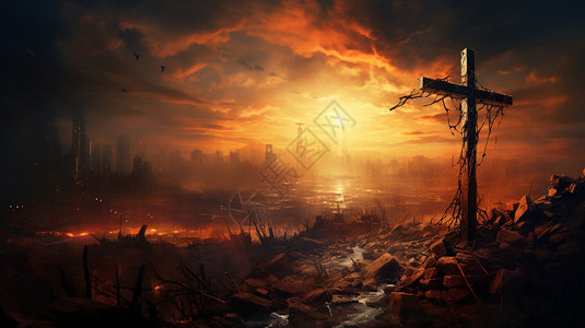 城市废墟上的十字架背景图片