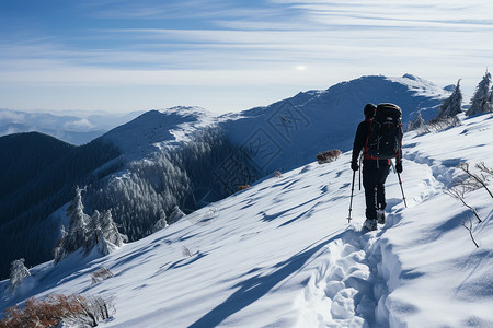 冬天的雪地登山者图片