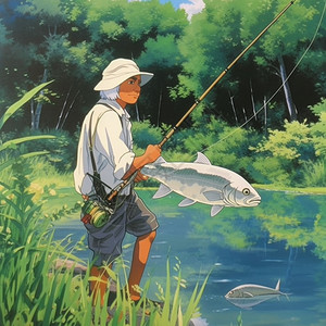 夏天河流钓鱼的男子插图图片