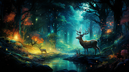 森林中的银鹿插图背景图片