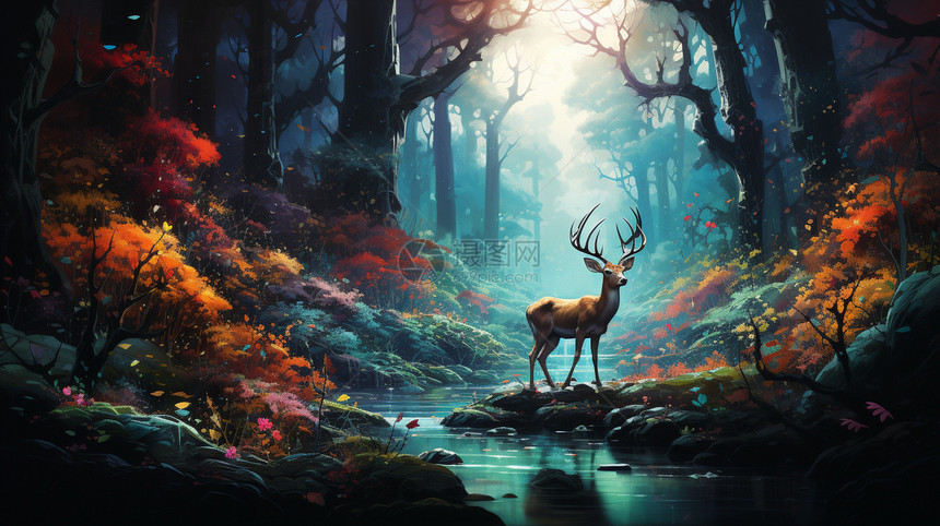 幻想森林中的银鹿插图图片
