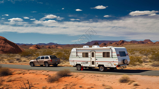 夏天沙漠中的房车拖车图片