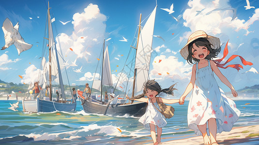 动漫风沙滩海上帆船插图背景图片