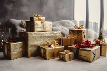 金黄色的圣诞节礼物包装背景图片