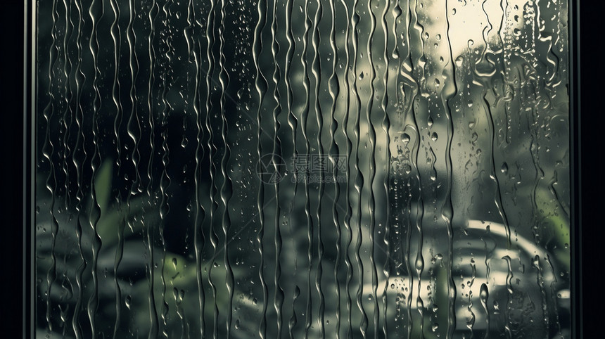 透过窗户可以看到雨滴。图片