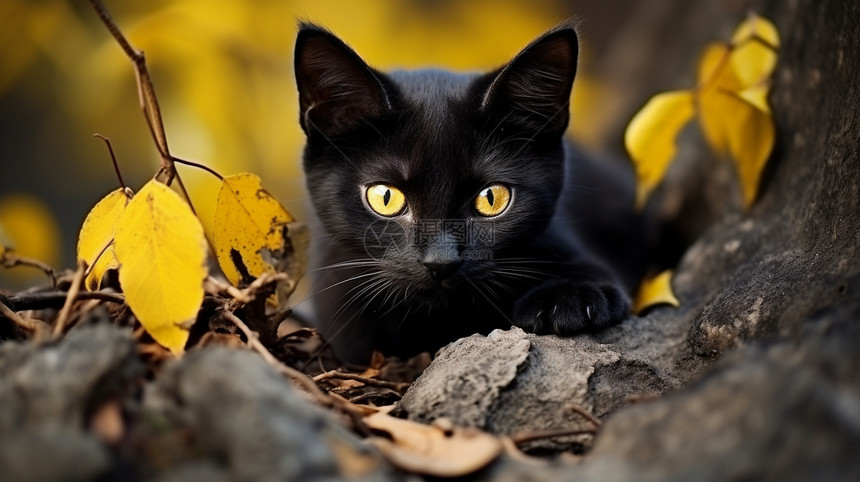户外大树下的小黑猫图片