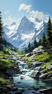 高原夏季,森林,美丽,景观,油画,插图图片
