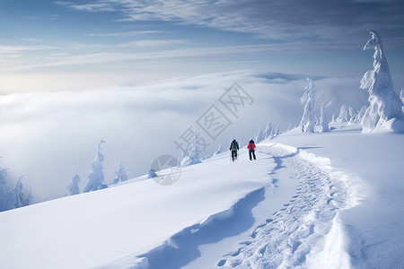 登山脚印雪山上的攀登者背景