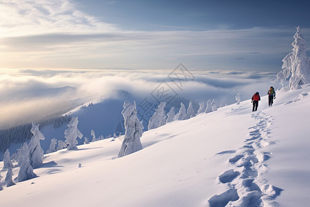 登山脚印攀登雪山山顶背景