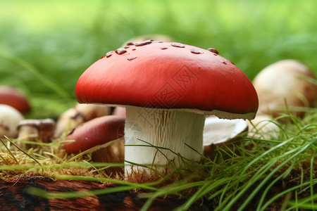 大型真菌草地中一朵红色的蘑菇背景