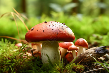 大型真菌草地中的红蘑菇背景
