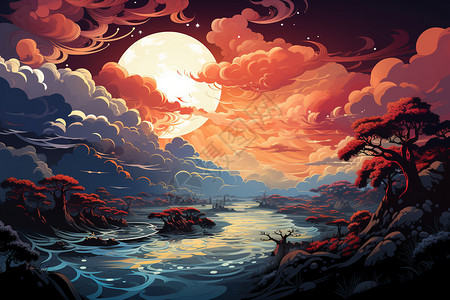 七彩河流色彩缤纷的云彩上升起一轮圆月插画