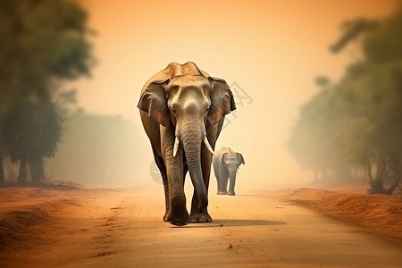 大象走在路上背景图片